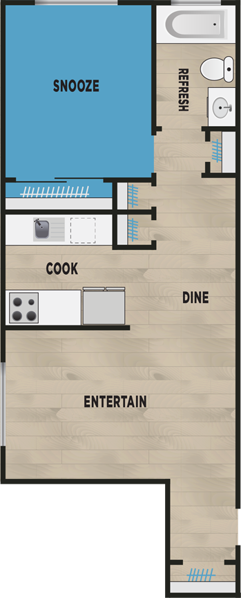 Floor plan for 1 bed, 1 bath, 565 sqft